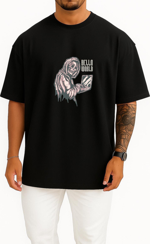 Oversize Bilgisayar Programcısı Hello World Göğüs Tasarımlı Unisex T-Shirt