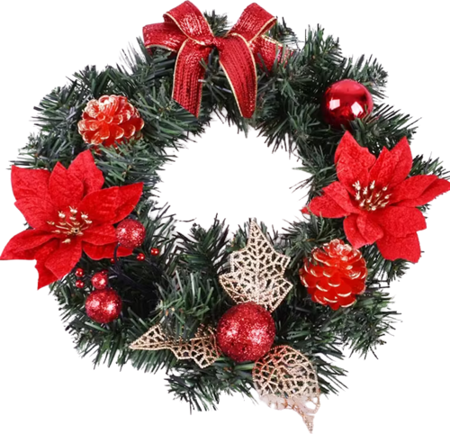 30 cm Kırmızı Altın Noel Kapı Çelengi | Çam Kozalı ve Poinsettia Çiçekli Şömine & Duvar Dekoru