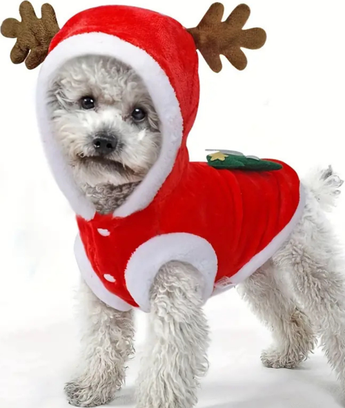 Noel Baba Geyiği Köpek Kostümü – Küçük Irk Evcil Hayvanlar İçin Polyester Kapüşonlu Çıtçıtlı Fleece Tatil Kıyafeti