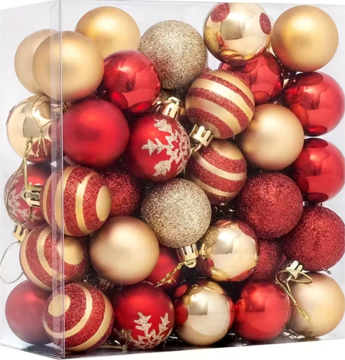 50 Adet 40mm Kırmızı Altın Beyaz Noel Ağacı Süs Topları Seti | 9 Farklı Desen & Hafif Dayanıklı Yılbaşı Dekoru