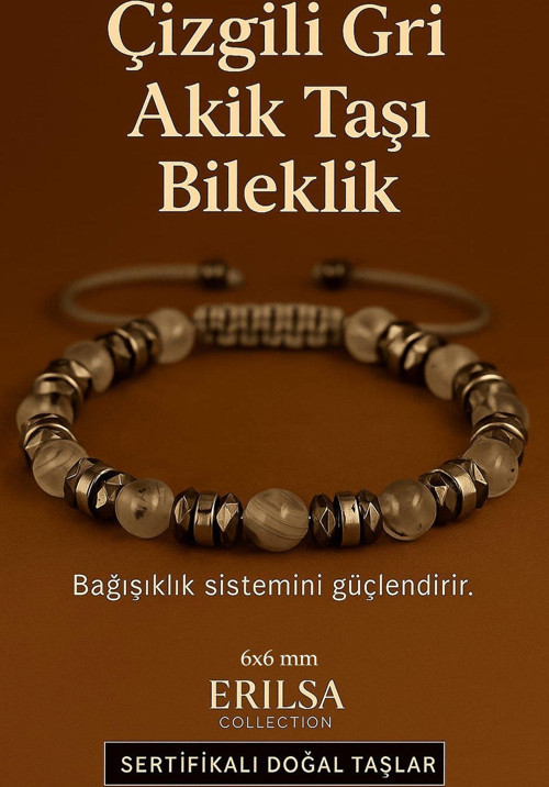 Sertifikalı Çizgili Gri Akik Taşı Bileklik 6x6 mm – Bağışıklık ve Dayanıklılık Taşı