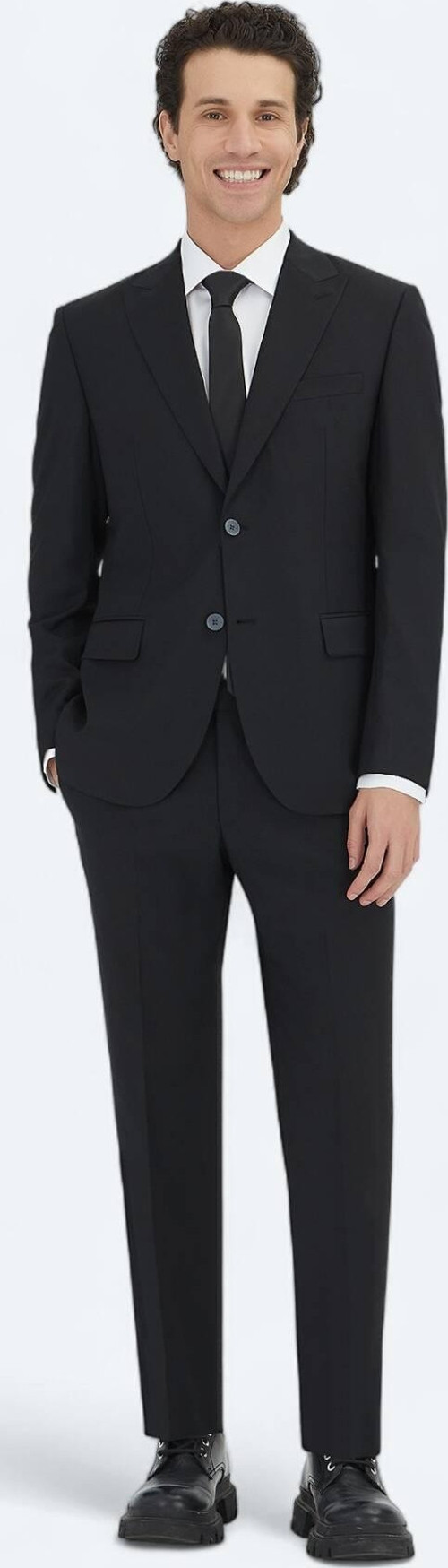 Siyah Düz Modern Fit Yün Karışımlı Takım Elbise