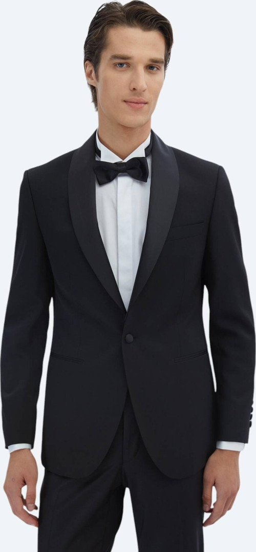 Siyah Slim Fit Çıkarılabilir Şal Yaka Dokuma Smokin Takım Elbise