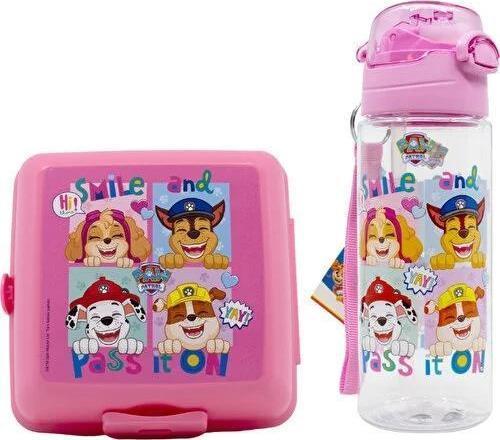 Pembe Paw Petrol Şeffaf Matara 500ml + Paw Petrol Beslenme Kabı - Lisanslı Paw Petrol Pipetli Matara