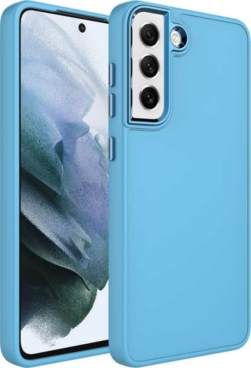 Galaxy S21 FE Uyumlu Metal Çerçeve ve Buton Tasarımlı Silikon MKST Luna Kılıf-Sierra Mavi