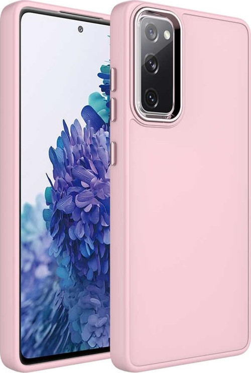 Galaxy S20 FE Uyumlu Metal Çerçeve ve Buton Tasarımlı Silikon MKST Luna Kılıf-Pembe