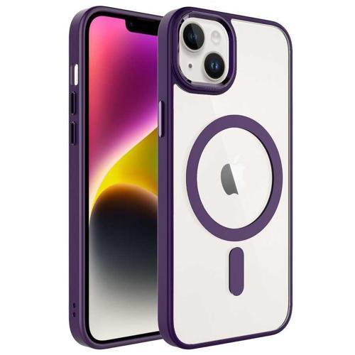 iPhone 14 Uyumlu Wireless Şarj Özellikli MKST Krom Magsafe Silikon Kılıf-Derin Mor