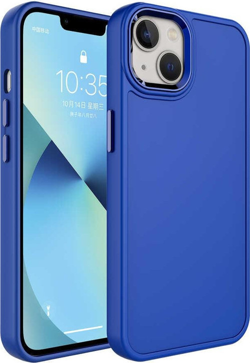 iPhone 13 Uyumlu Metal Çerçeve ve Buton Tasarımlı Sert MKST Botox Kılıf-Lacivert