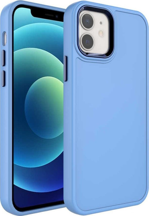 iPhone 12 Uyumlu Metal Çerçeve ve Buton Tasarımlı Sert MKST Botox Kılıf-Mavi