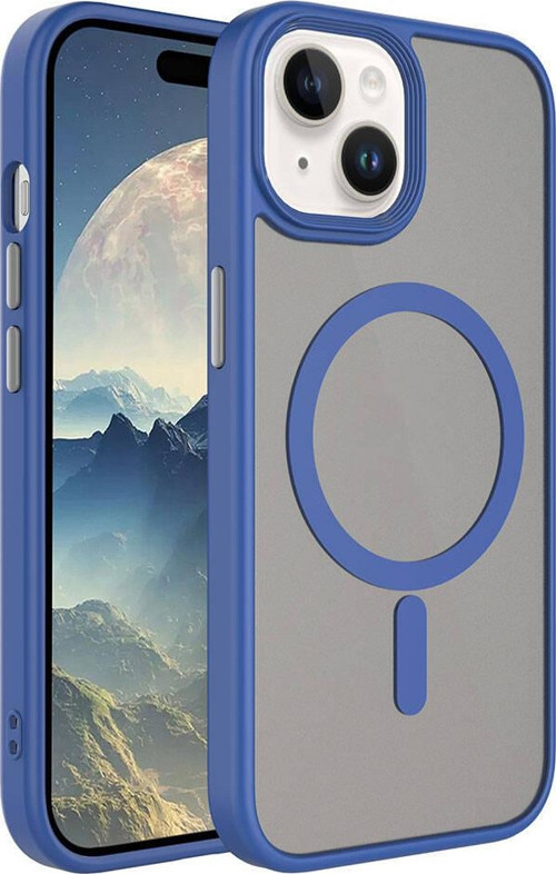 iPhone 15 Plus Uyumlu Mat Arka Yüzey Wireless Şarj Özellikli MKST Flet Magsafe Kılıf-Mavi