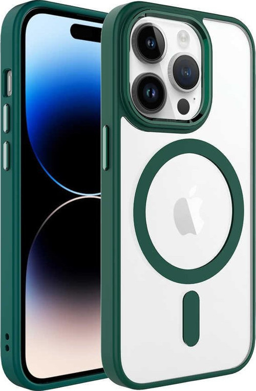 iPhone 14 Pro Max Uyumlu Wireless Şarj Özellikli MKST Krom Magsafe Silikon Kılıf-Koyu Yeşil