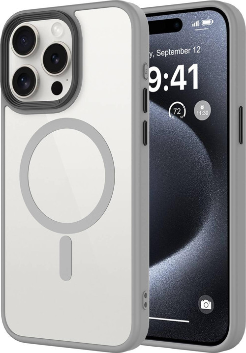 iPhone 15 Pro Max Uyumlu Mat Arka Yüzey Wireless Şarj Özellikli MKST Flet Magsafe Kılıf-Titany
