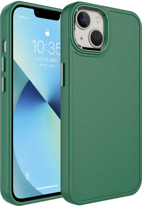 iPhone 13 Uyumlu Metal Çerçeve ve Buton Tasarımlı Sert MKST Botox Kılıf-Koyu Yeşil