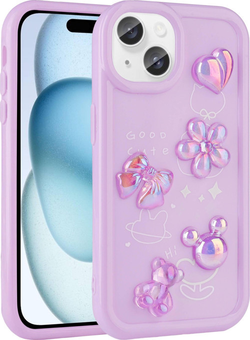 iPhone 15 Uyumlu Kabartma Figürlü Parlak MKST Toys Silikon Kılıf-Mor