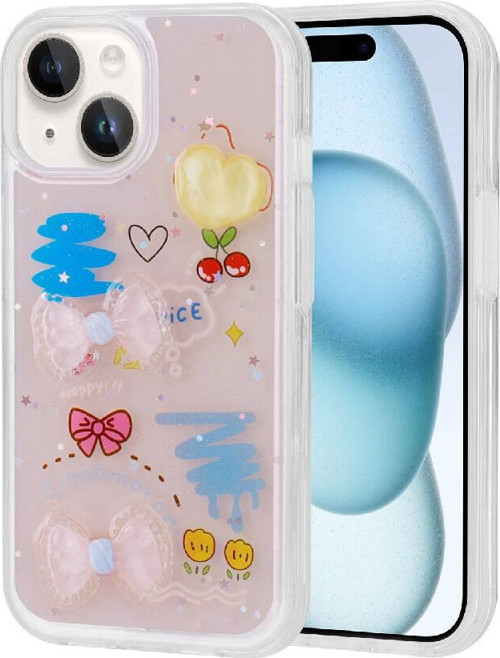 iPhone 15 Plus Uyumlu Kabartma Figürlü Parlak MKST Minimini Silikon Kılıf-Pembe