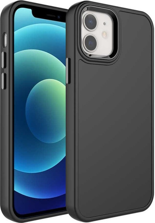 iPhone 12 Uyumlu Metal Çerçeve ve Buton Tasarımlı Sert MKST Botox Kılıf-Siyah