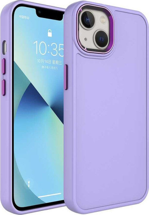 iPhone 13 Uyumlu Metal Çerçeve ve Buton Tasarımlı Sert MKST Botox Kılıf-Lila