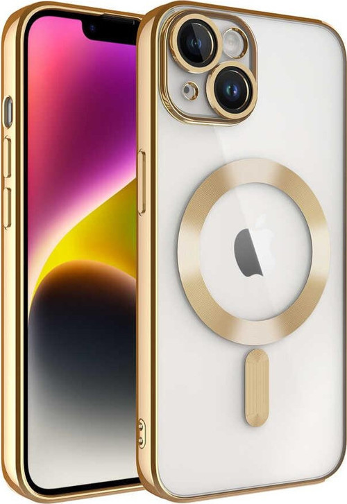 iPhone 14 Plus Uyumlu Kamera Korumalı Magsafe Wireless Şarj Özellikli MKST Demre Kılıf-Gold