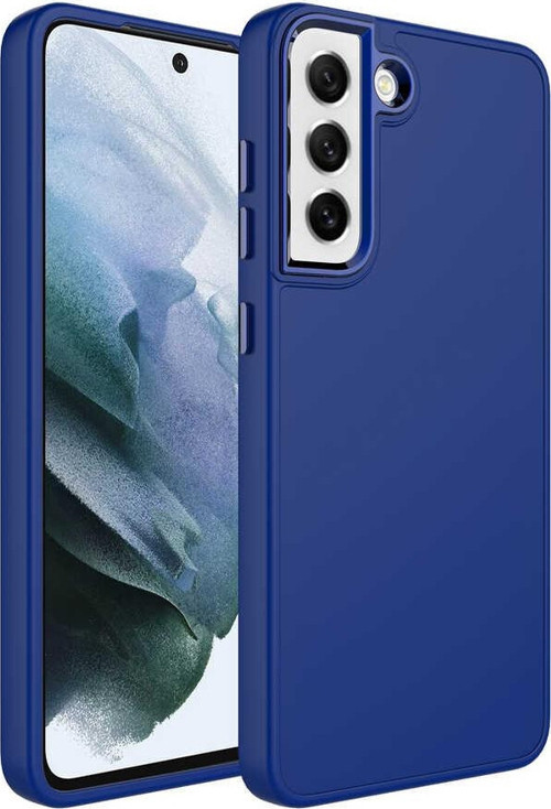 Galaxy S21 FE Uyumlu Metal Çerçeve ve Buton Tasarımlı Silikon MKST Luna Kılıf-Lacivert
