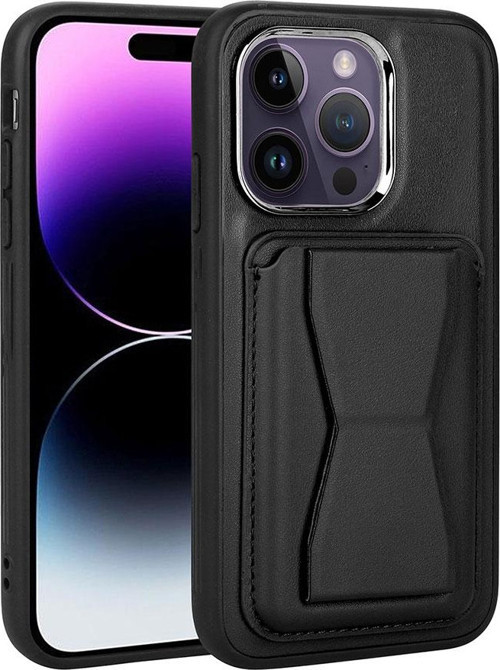 iPhone 14 Pro Max Uyumlu Kartlıklı Standlı Pu Deri MKST Memo Kılıf-Siyah