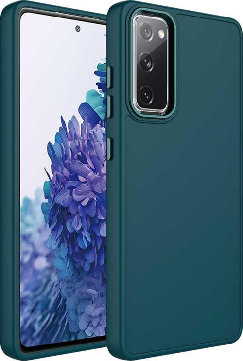 Galaxy S20 FE Uyumlu Metal Çerçeve ve Buton Tasarımlı Silikon MKST Luna Kılıf-Koyu Yeşil