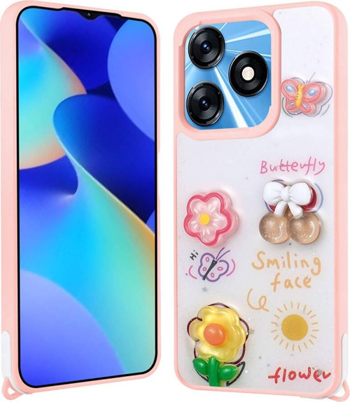 Tecno Spark 10C Kılıf Parlayan Sıvılı Simli Kabartma Figürlü MKST Cevze Kapak-Pembe