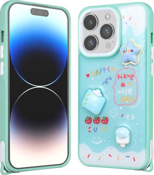 iPhone 14 Pro Max Kılıf Parlayan Sıvılı Simli Kabartma Figürlü MKST Cevze Kapak-Yeşil