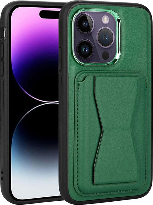 iPhone 14 Pro Max Uyumlu Kartlıklı Standlı Pu Deri MKST Memo Kılıf-Koyu Yeşil