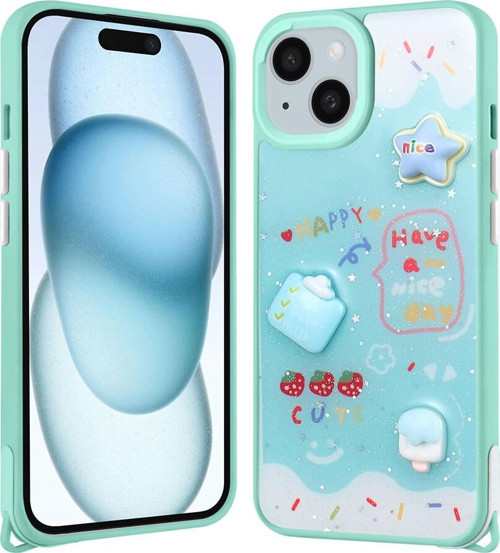 iPhone 13 Kılıf Parlayan Sıvılı Simli Kabartma Figürlü MKST Cevze Kapak-Yeşil