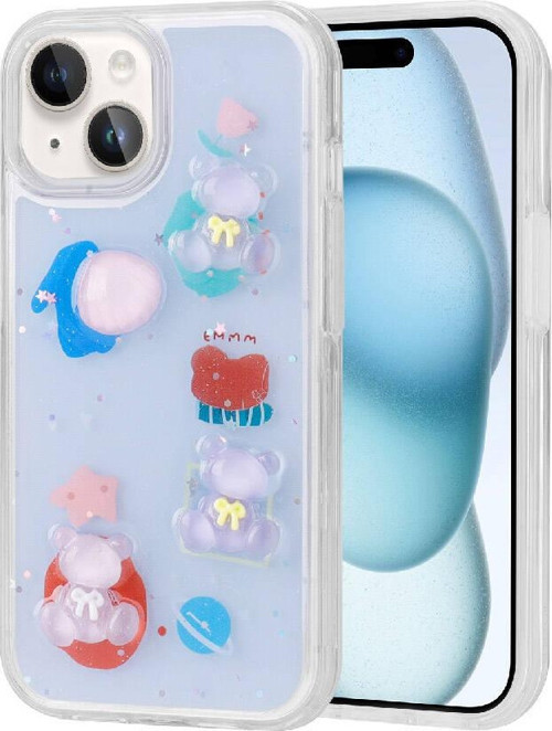 iPhone 15 Plus Uyumlu Kabartma Figürlü Parlak MKST Minimini Silikon Kılıf-Mor