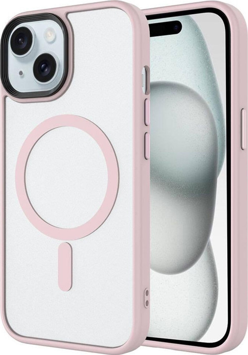 iPhone 15 Plus Uyumlu Mat Arka Yüzey Wireless Şarj Özellikli MKST Flet Magsafe Kılıf-Pembe
