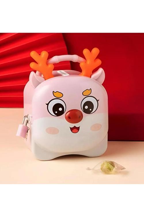 Sevimli Geyik Şeklinde Metal Kumbara Kilitli Kumbara Pembe