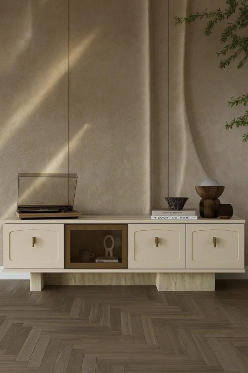 Nitra Modern Bej Cam Kapaklı Tv Ünitesi (200 Cm)