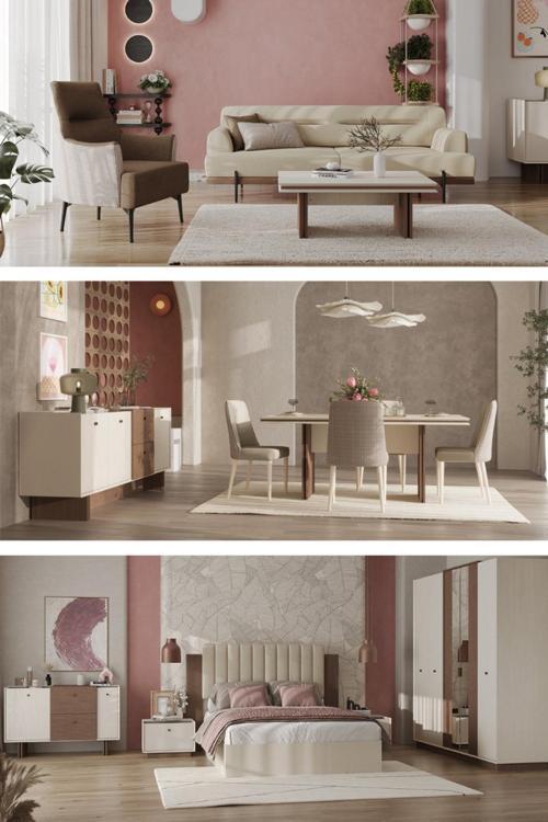 Linen Midi Düğün Paketi - Oturma Grubu / Yatak Odası Takımı / Yemek Odası Takımı