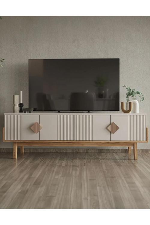 Salda Tv Ünitesi – 180 Cm – Modern Çizgili Tasarım – Krem & Ceviz – Yüksek Ayaklı