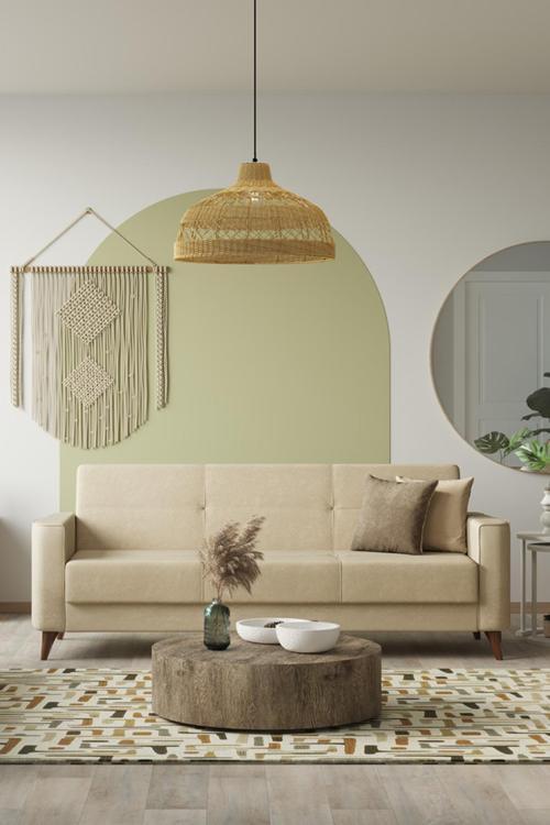 Star Üçlü Kanepe Salon Oturma Odası Koltuk Yataklı/Sandıklı - Krem