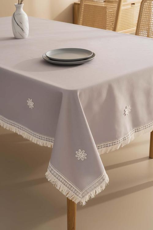 Silvio Gri Güpür Çiçekli Masa Örtüsü 160x220 cm