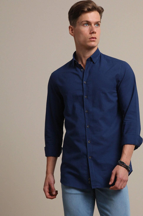 İndigo Düz Regular Fit Dokuma Casual %100 Pamuk Gömlek