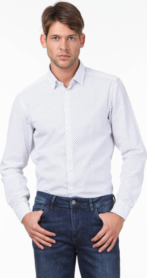 Lacivert Baskılı Regular Fit Dokuma Casual %100 Pamuk Gömlek