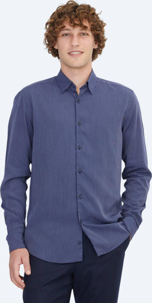 Lacivert Çizgili Regular Fit Dokuma Casual Gömlek