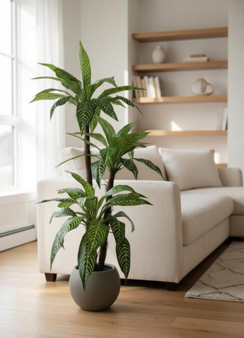 Yapay Ağaç Yukka Sarı Çizgili Draceena Ağacı Mokka Küre Saksıda 120*50cm 54 Yapraklı