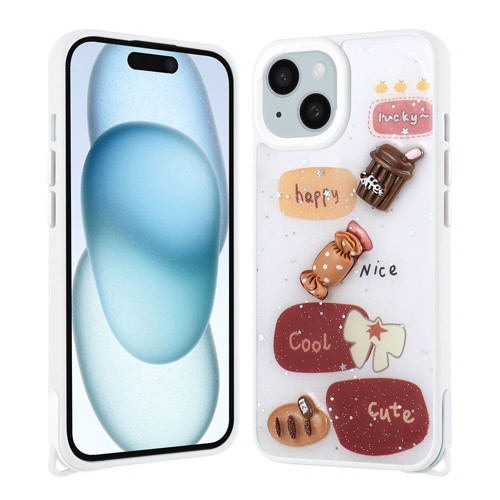 iPhone 14 Plus Kılıf Parlayan Sıvılı Simli Kabartma Figürlü MKST Cevze Kapak-Beyaz