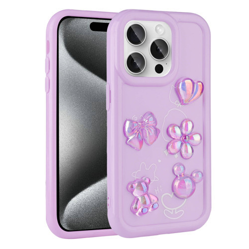 iPhone 15 Pro Uyumlu Kabartma Figürlü Parlak MKST Toys Silikon Kılıf-Mor