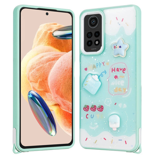 Redmi Note 12 Pro 4G Kılıf Parlayan Sıvılı Simli Kabartma Figürlü MKST Cevze Kapak-Yeşil