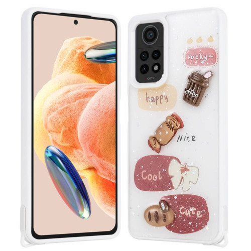Redmi Note 12 Pro 4G Kılıf Parlayan Sıvılı Simli Kabartma Figürlü MKST Cevze Kapak-Beyaz