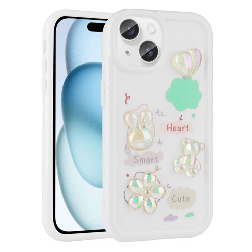 iPhone 15 Uyumlu Kabartma Figürlü Parlak MKST Toys Silikon Kılıf-Beyaz