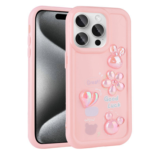 iPhone 15 Pro Uyumlu Kabartma Figürlü Parlak MKST Toys Silikon Kılıf-Pembe