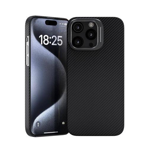 iPhone 15 Pro Max MKST Magsafe Şarj Özellikli 600D Kevlar MKST Krek Karbon Standlı Kılıf-Siyah