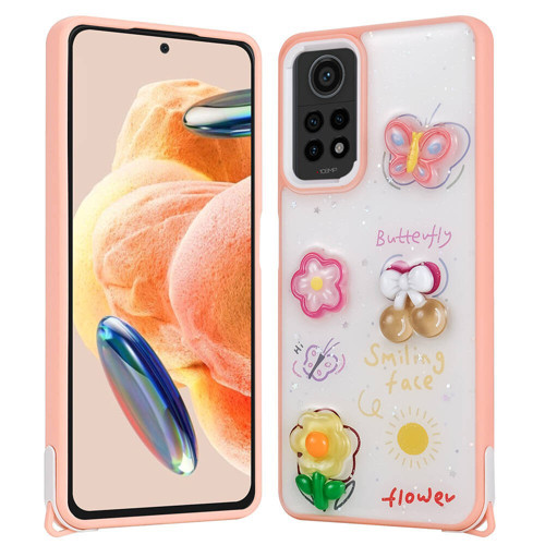 Redmi Note 12 Pro 4G Kılıf Parlayan Sıvılı Simli Kabartma Figürlü MKST Cevze Kapak-Pembe