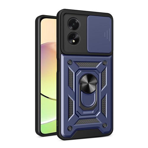 Oppo A38 Uyumlu Magnetik Standlı Kamera Korumalı MKST Sürgülü Vega Kapak-Mavi